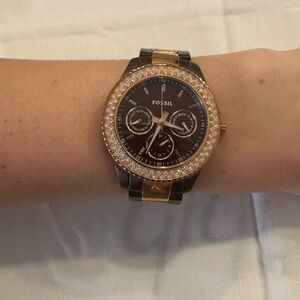 Fossil Watch Brown and Gold Tones with Rhinestones, All Stainless Steel